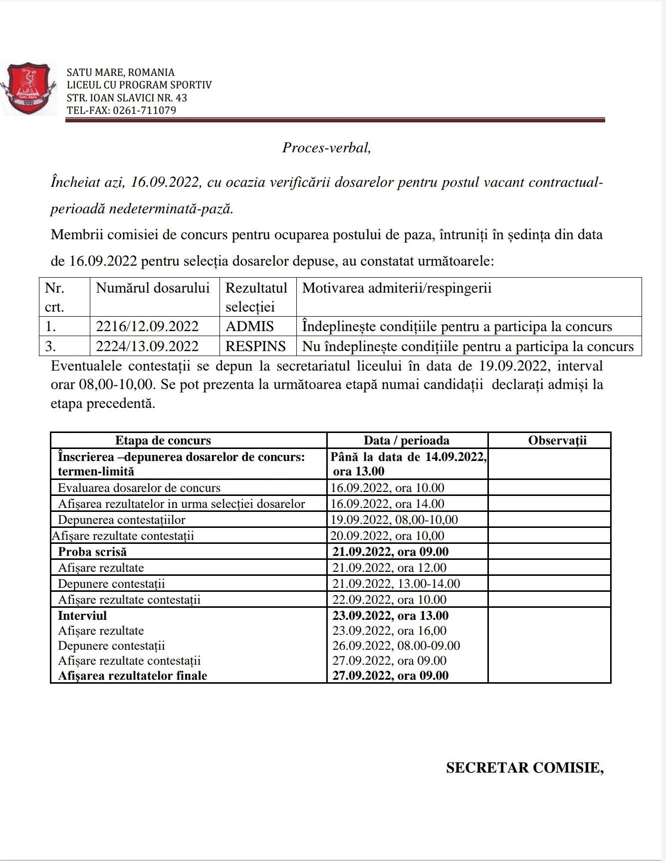 LPS: Rezultate selectie dosare-concurs post paza